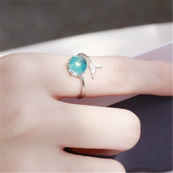 Mermaid Blue Ocean Stone Temperament Fish Tail Rings - Picture 2 of 6